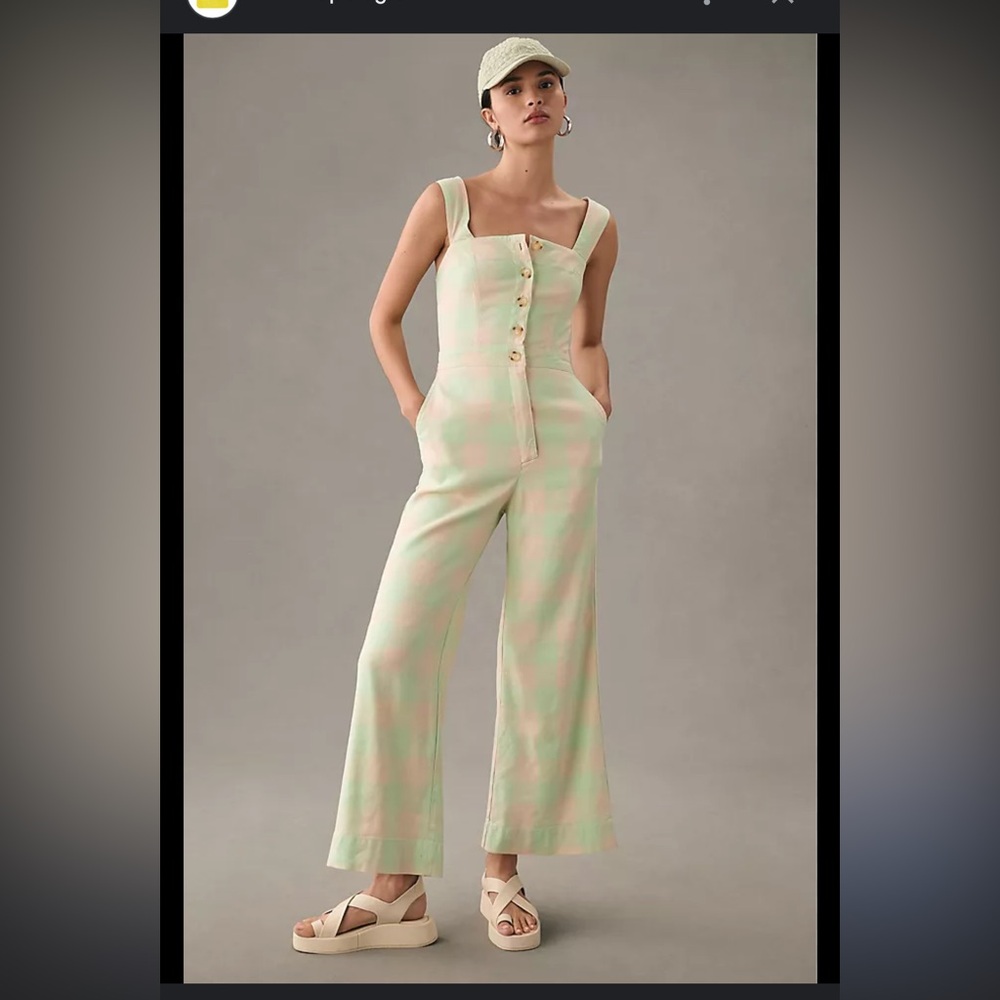 $188 NWT Maeve anthropology portside button up Pastel Green checkered Jumpsuit